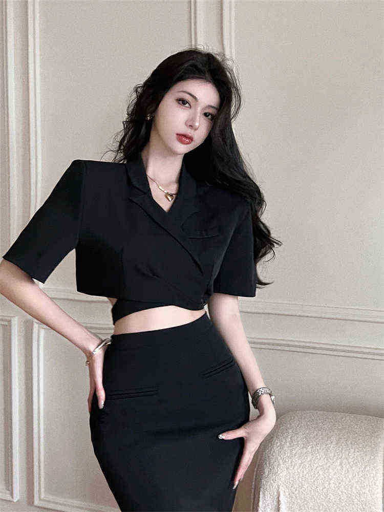 

Vintage Blazer Suits For Women Two Piece Set LaceUp Short Jacket Crop Top sSplit Skirt Elegant Ensemble femme 2 Piece Outfits J220813, Black