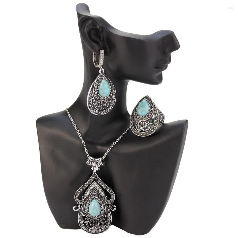 

Necklace Earrings Set Sunspicems Vintage Turkish Antique Silver Color Women Earring Ring Sets Caucasus Bride Wedding Bijoux Gift, Picture shown