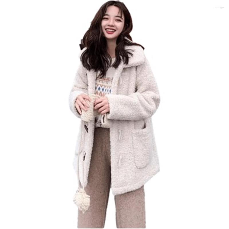 

Women' Fur Womens Jackets Horn Button Winter Lambswool Coats Lady Female Outerwear Thick Pockets Woman Clothing Trendy Mujer, Beige