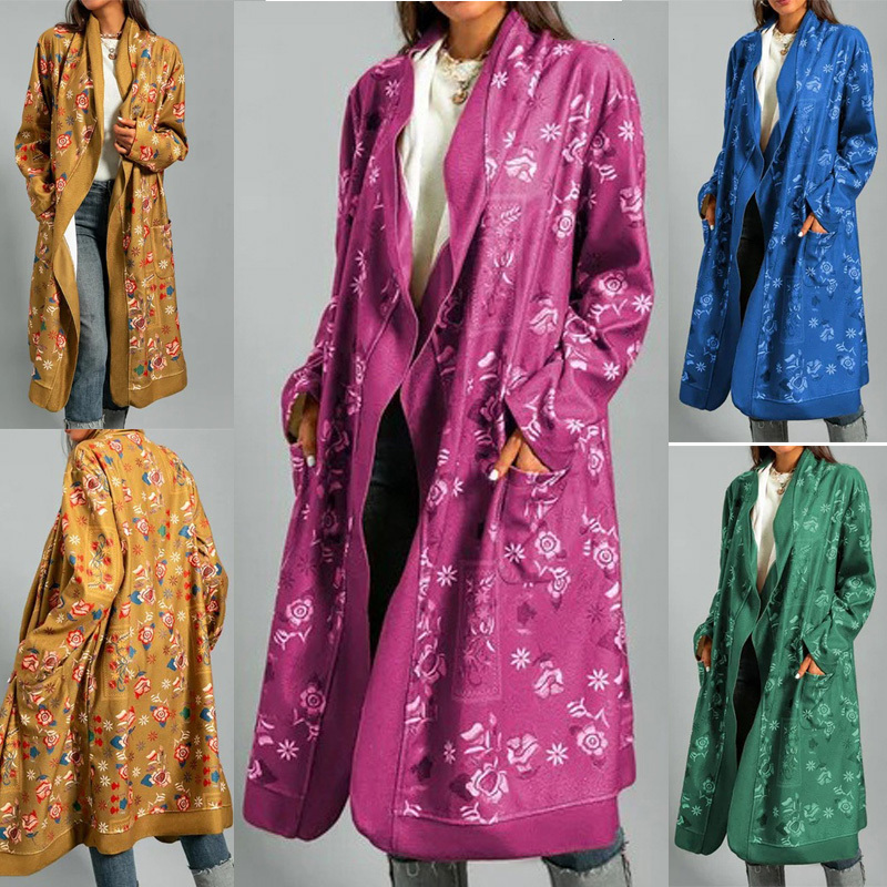 

Women  Knits Tees Autumn Winter Retro Floral Print Coat Casual Loose Long Women Vintage Lapel Tops Female Sleeve Cardigan 221125, Fuchsia