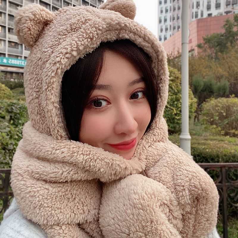 

Cloches Hat Women's autumn and winter gloves Neck scarf plush thickened warm hat Bear cute sweet one-piece wool hat, Red