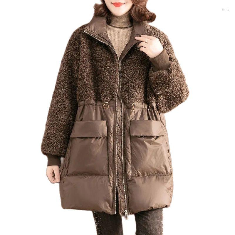 

Women's Trench Coats Cotton-padded Coat Women Mid-length Winter Fashion Stitching Lamb Wool Cotton Jacket Female Loose Warmth Padded Trend, Brown