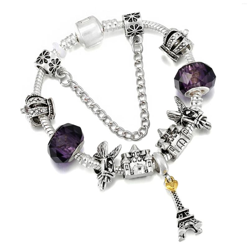 

Charm Bracelets Romantic Eiffel Tower Ladies Bracelet With Temperament Purple Faceted Face And Angel Wing Beads Fashion Jewelry Gifts