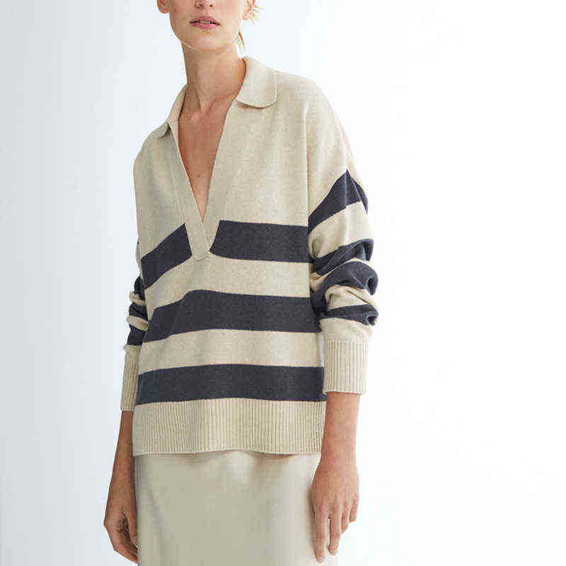 Chandails pour femmes mode coréenne femmes pull automne hiver col Polo Simple revers chandails femme rayé sportif décontracté à manches longues p