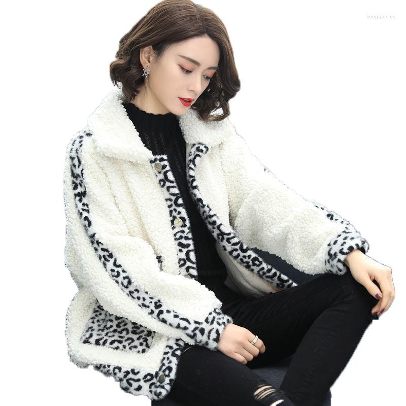 

Women's Fur Ladies Autumn Winter Jackets Women's Coat Imitation Lamb Wool Leopard Splicing Faux Jacket Oversized Casual Outwear Female, White