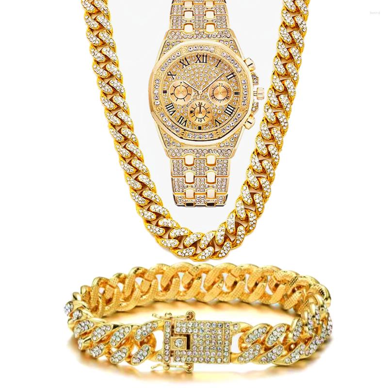 

Necklace Earrings Set Watch Bracelet Hip Hop Miami Cuban Chain Iced Out Paved Rhinestones Bling Men Gold African Jewelry Gift, Picture shown