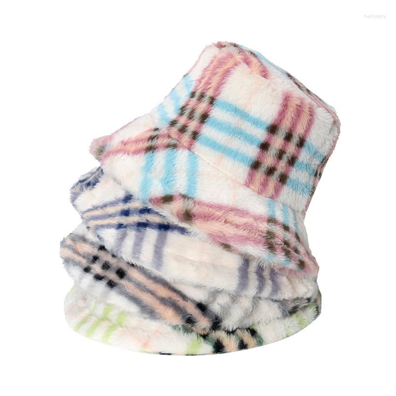 

Berets 2022 Unisex Faux Fur Bucket Hat Striped Women Men Fishing Fisherman Autumn Winter Wool Outdoor Warm Panama Cap