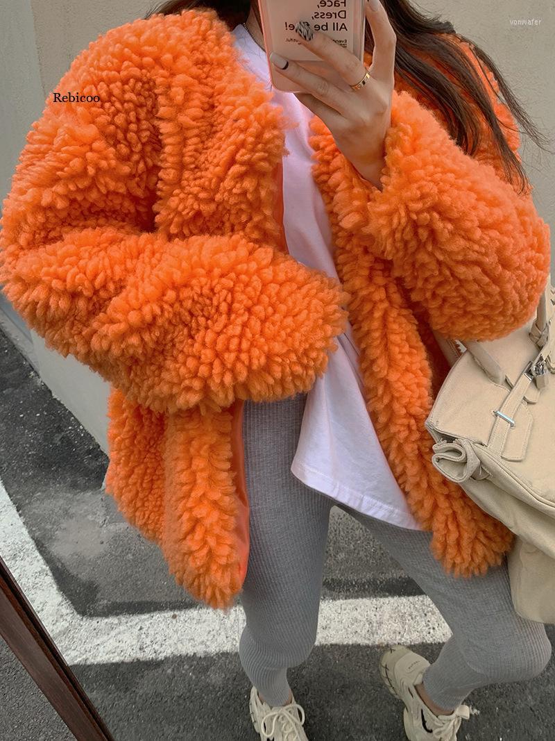 

Women's Fur Autumn Winter Woman Coat Jacket Solid Color Synthetic Open Stitch Fashion Loose Casual Ladies Fluffy, Orange