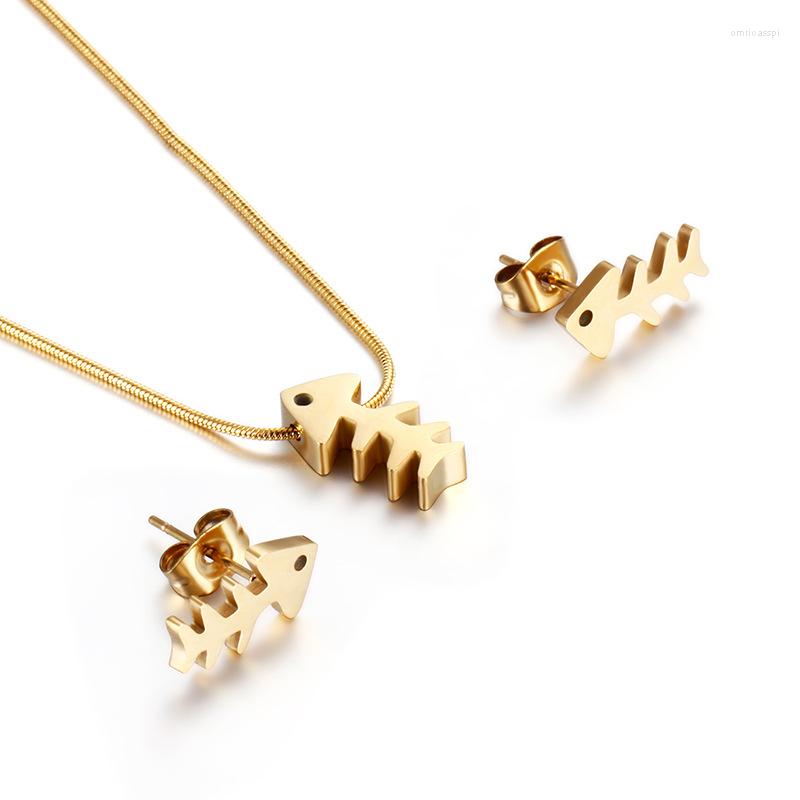 

Necklace Earrings Set Simple And Exquisite Stainless Steel Hollow Fish Bone Ear Studs Cartoon Jewelry, Picture shown
