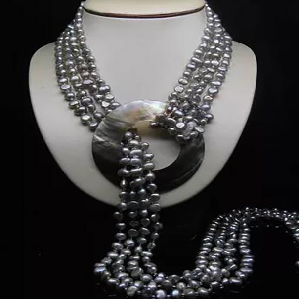 

32" Natural 4- Row 5-6MM AAA Silver Gray Baroque freshwater pearl Necklace