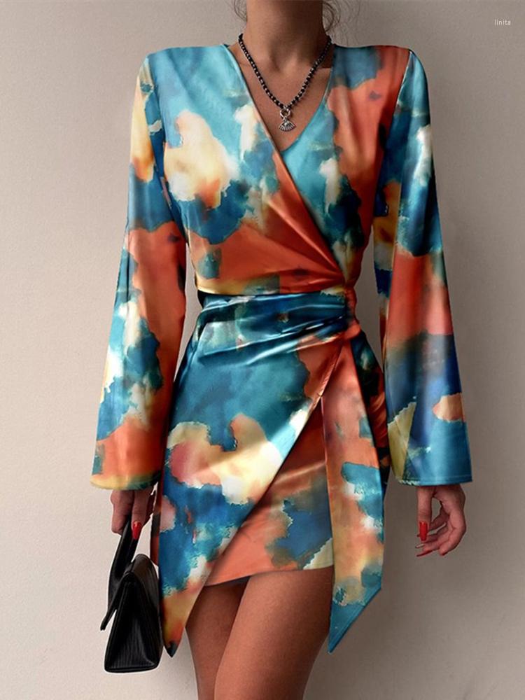 

Casual Dresses Elegant Formal Printed V-Neck Long Sleeve Irregular Dress 2022 Autumn And Winter Slim Bodycon Party, Khaki