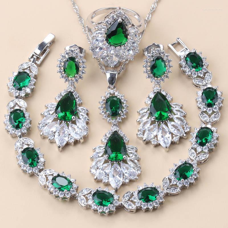 

Necklace Earrings Set 925 Mark Big Jewelry Green Zircon Long Accessories For Women Wedding Ring Bracelets, Picture shown