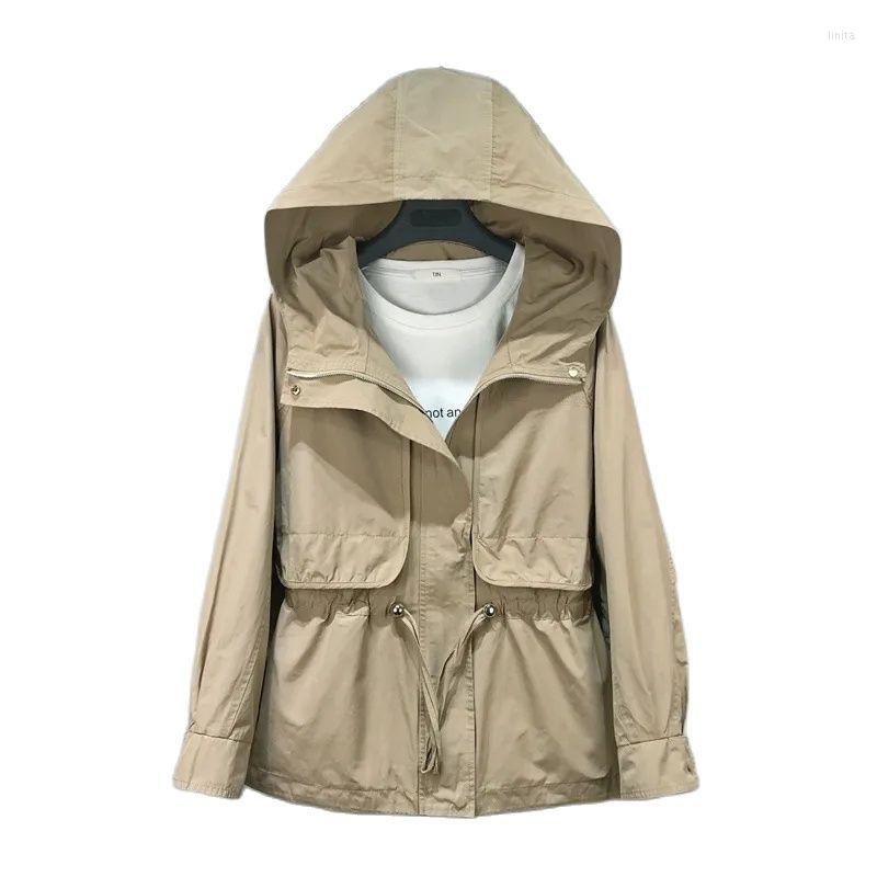 

Women's Trench Coats Women Slim Lining Windbreaker Jacket 2022Spring Autumn Mid-length Loose Waist Female Casual Hooded Overalls Coat A795, Khaki lining