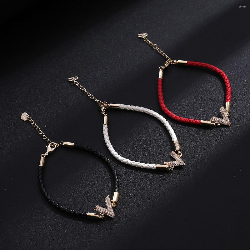 

Link Bracelets Fashion Women V Letter Design Bracelet Bangle Simple Colorful Leisure Versatile Leather Rope Woven Jewelry