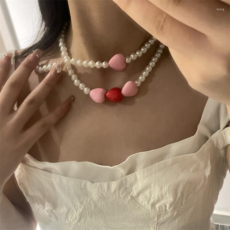 

Choker Korean Fashion Rose Pink Love-Heart Paint Pearl Necklace Female Personality Trend Temperament All-match Collarbone Chain Jewelry