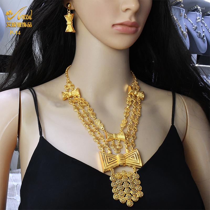 

Necklace Earrings Set ANIID Dubai Multilayer Earring Gold-Plated Jewelry For Women Africa Choker Pendant Geometry Jewellery Wedding Gift, Picture shown