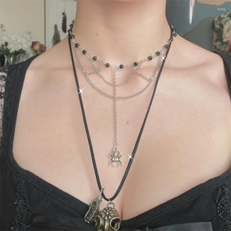 

Choker Gothic Spider Rosary Necklace-Vintage-Spider Pendant-Gothic Jewelry-Black Glass Beaded Choker-with Web Chains And Charm