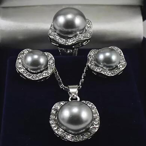 

10mm 14mm Gray South Shell Pearl Earrings Necklace Ring Set