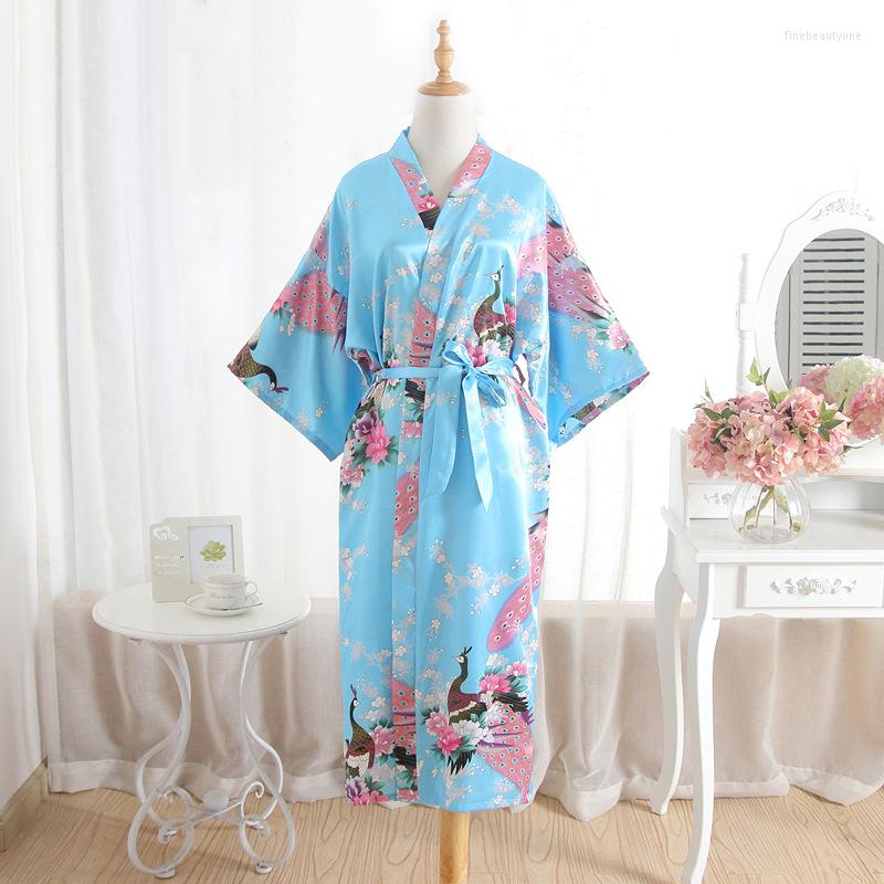 

Women's Sleepwear Women Peacock Long  Nightgown Imitation Silk Summer Japanese Kimono Open Gown Women's Printed Belt Bathrobe Ho, Picture 1