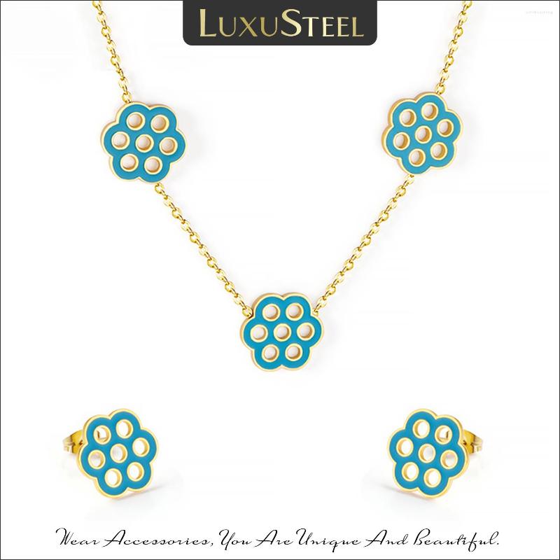 

Necklace Earrings Set LUXUSTEEL Spring Ladies Flowers Jewelry Sweet Style Stainless Steel Gold Color Earring Brinco Collars, Picture shown