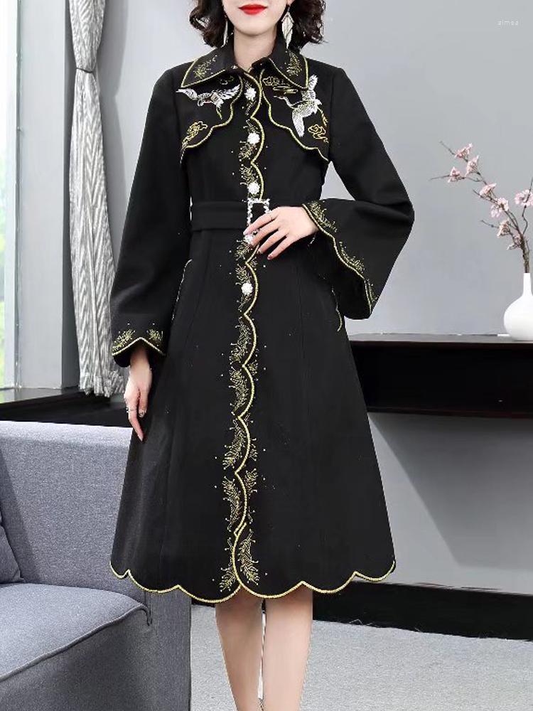 Women&#039;s Trench Coats Fashion Autumn Women&#39;s Designer High Quality Long Sleeve Gorgeous Diamond Button Embroidery Casual Party Jacket-image-823673252