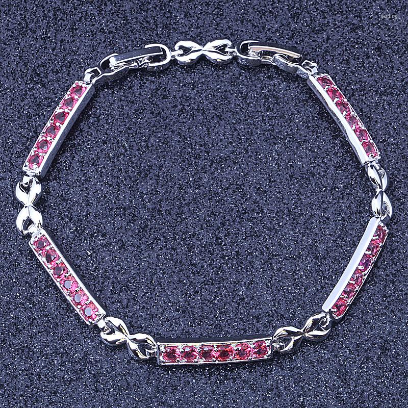 

Link Bracelets Top Quality Imitation Garnet Rose Red Crystal Cubic Zirconia Silver Color For Women 052