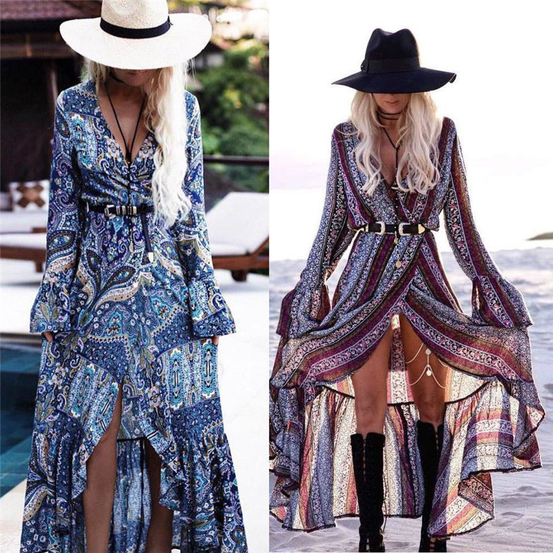 

Casual Dresses Women Summer Boho Style Long Maxi Evening Party Sexy Vintage Floral V Neck High Split Beach Sundress 221125, As photo shows