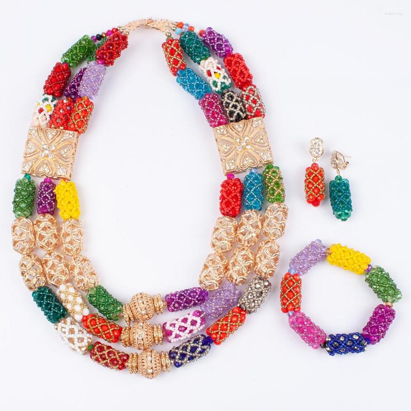 

Necklace Earrings Set Colourful Crystal Beads Handmade Women Bracelet African Nigeria Wedding Party, Picture shown