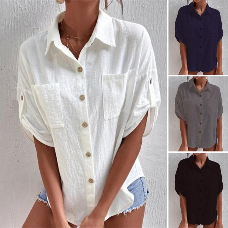 

Women's Blouses Turn-Down Collar Single Breasted Roll-up Short Sleeve Women Shirt Patch Pockets Solid Color Simple Loose Ladies Clothing, Blue