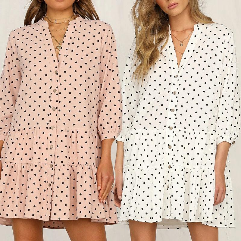 

Casual Dresses Summer Women' Fashion Retro Elegant Wave Point Ruffle Sexy V-Neck Hem Button Loose Dot Dress Comfortable Female Vestidos, Pink
