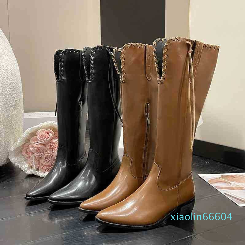 

Boots Dress Shoes Leather Knee High Women Western Zip Fashion Ladies Pointed Toe Botines De Mujer Rubber Pu, Black