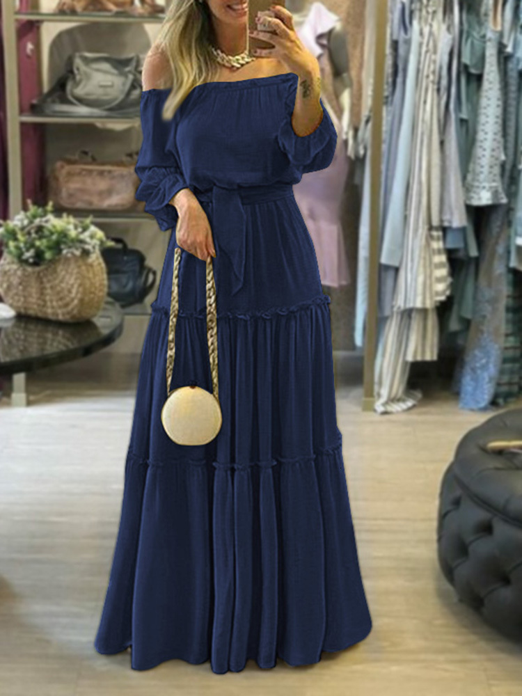 

Casual Dresses ZANZEA Women Elegant Puff Sleeve Off Shoulder Ruffle Patchwork Maxi Dress Long Sundress Oversize Robe Femme Longues 221125, Navy