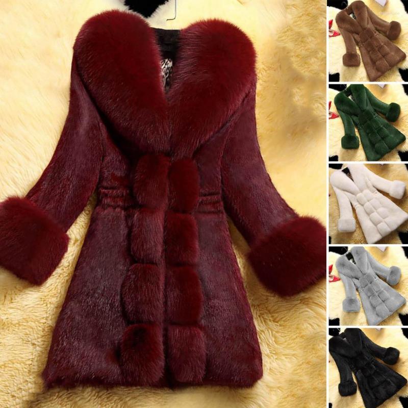 

Women's Fur Women Coat Pocket V Neck Long Sleeves Thickened Plush Overcoat Slim Fit Lady Mid-length Faux Collar For Dating, White