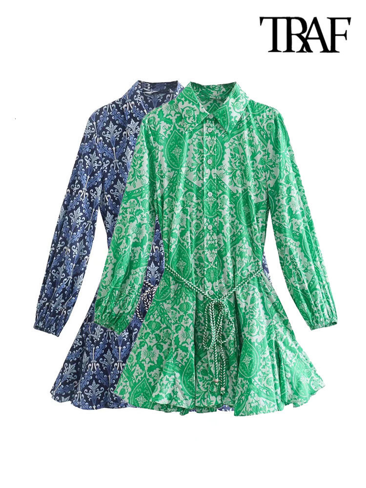 

Casual Dresses TRAF Women Fashion With Belt Printed Ruffled Green Mini Dress Vintage Long Sleeve Button up Female Vestidos Mujer 221125, As picture