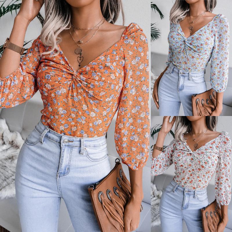 

Women' T Shirts 2022 Women' Spring Autumn Style Sexy V-Neck Knotted Floral Chiffon Shirt Top Casual Long Sleeve Printed Plus Size, Blue