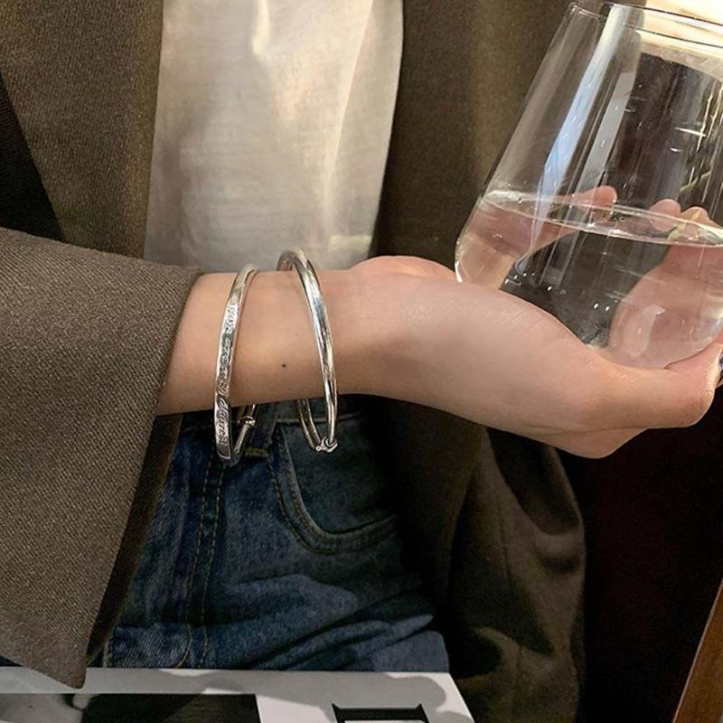 

Bangle Simple Chic Silver Color Plain Open Bangles Trendy Net Red Lettering Hand Rings OL Style Adjustable