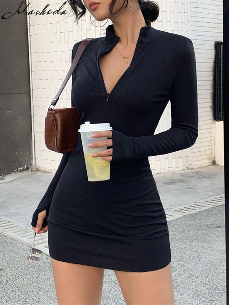 

Casual Dresses Macheda Autumn Winter Stretch Slim Soft Ribbed Knitted Turtleneck Woman Fashion Solid Black Bodycon Zip 221125