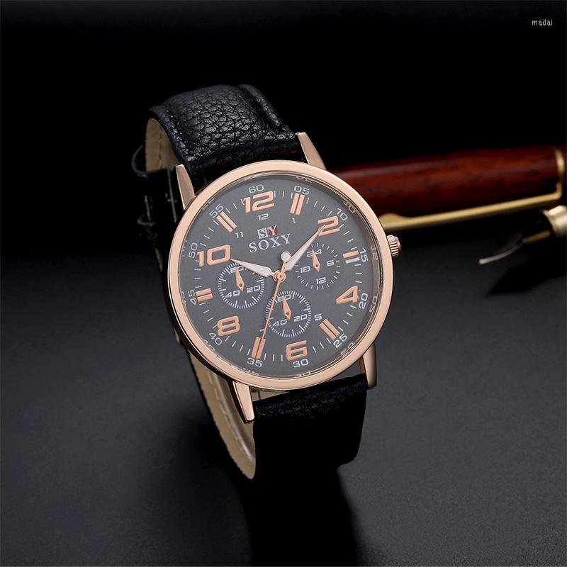 

Wristwatches SOXY Brand Watch Fashion Cool Sport Watches Men Leather Quartz Hombre Luxury Gold Wrist Hour Clock Relogio Masculino, Brown