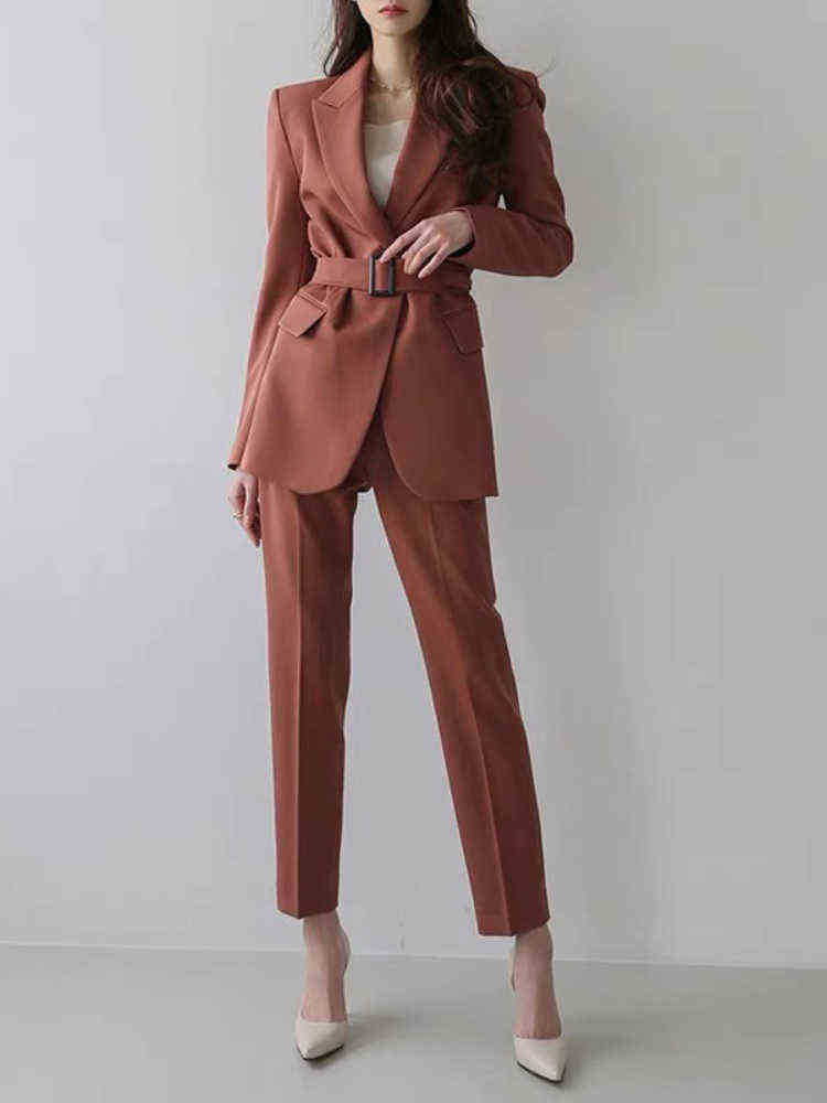 

Vintage Ol Blazer Suits For Women Korean Style LaceUp JacketAnkle Length Pants Spring Office lady 2 Two Piece Set J220813, Black set