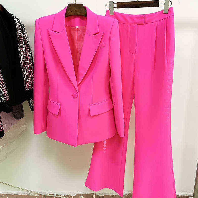 

Pants Blazer Suit Two Piece Set Light Pink Women Office Business Single Buttons Flared Pants Blazer Formal Suit High Quality J220813, Purple suit