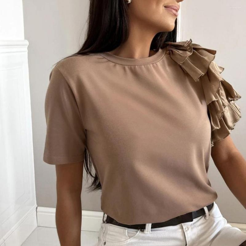 

Women' Blouses Elegant Women Blouse Solid Color Layered Ruffles Summer Crew Neck Pleats T-shirt Slim Ladies Pullover Top Female Streetwear, Sky blue