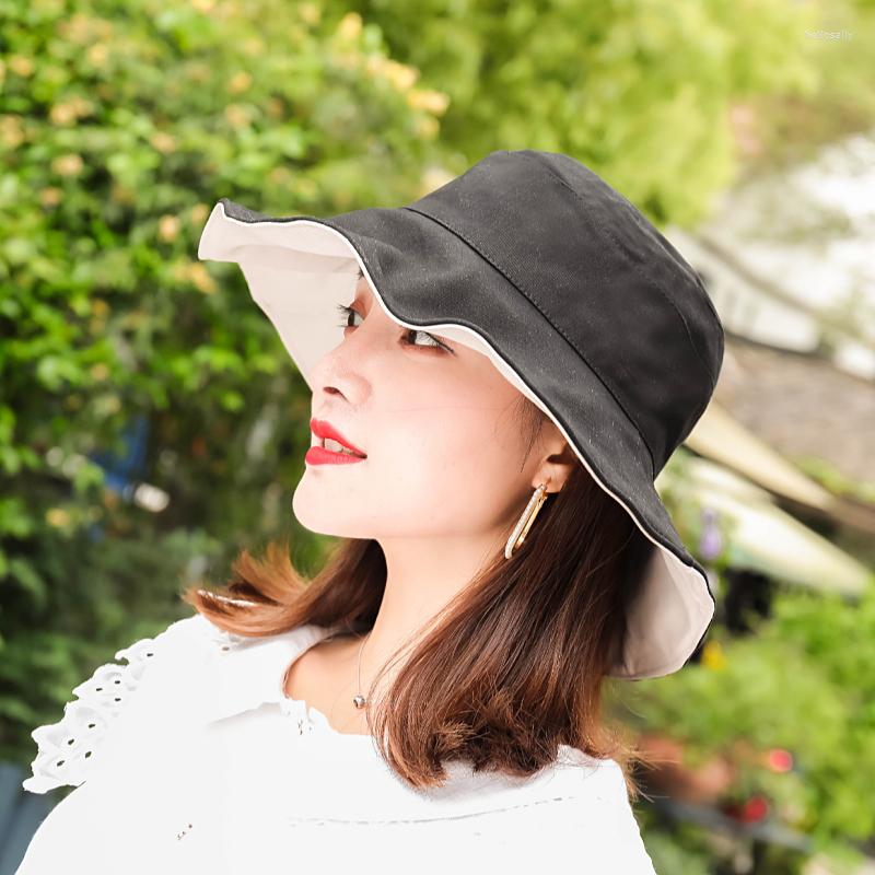 

Berets Brand Hats Women Double Side Worn Bucket Female Streamer Sun Cap Large Brim Sunbonnet Fedoras Summer Beach Hat, Black