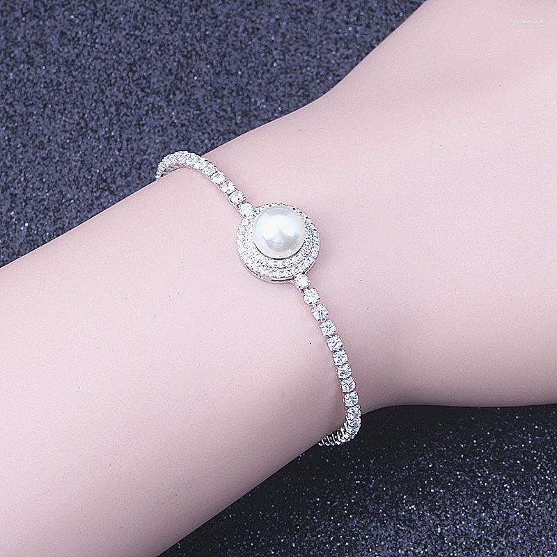 

Link Bracelets Top Quality Elegant White Pearl Cubic Zirconia Silver Color Adjustable For Women Jewelry 069