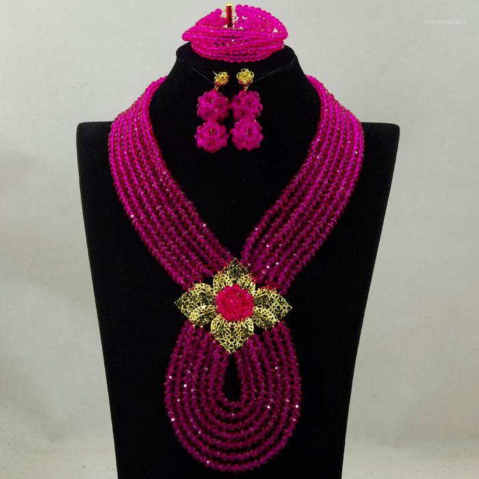 

Necklace Earrings Set Lovely Fuchsia Pink Crystal Beads Costume Dubai Party Jewelry For Women WA901, Picture shown