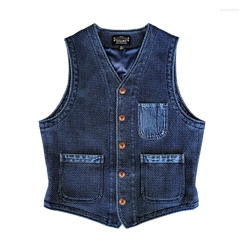 

Men' Vests Men' Suit Vest Indigo Blue Slim Fit Sashiko Safari Japan Style Vintage Waistcoat Sleeveless Jacket For Male