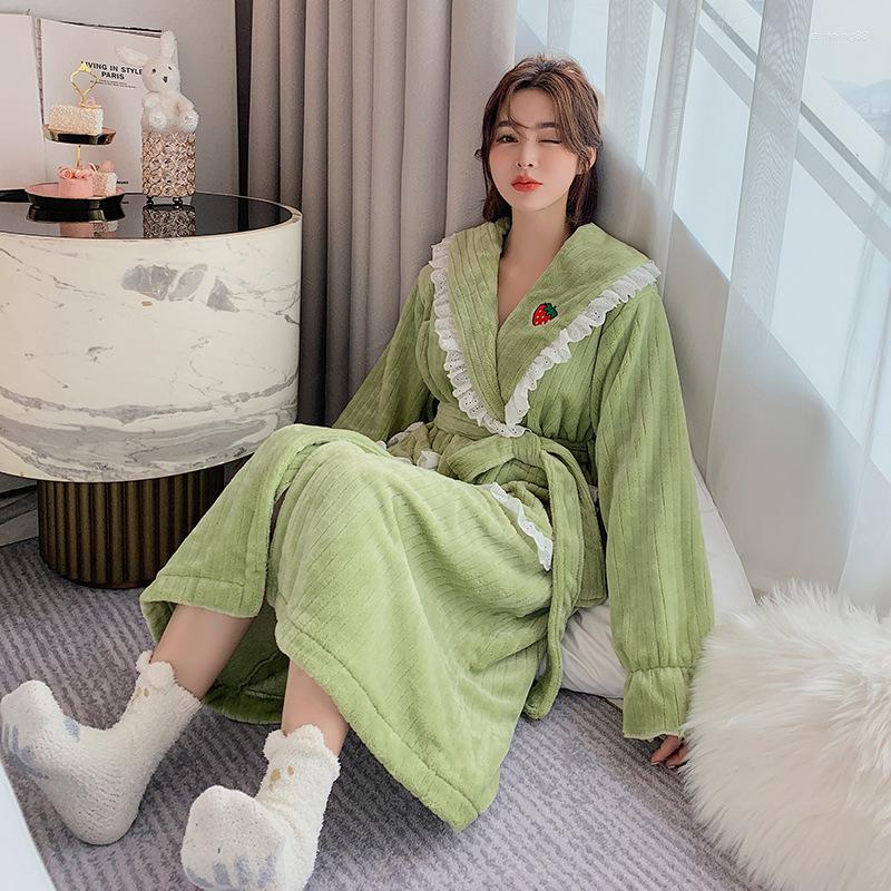 

Women's Sleepwear Ladies Flannel Thicken Robe Gown Loose Long Bathrobe Sweet Lace Ruffles Nightgown Winter Warm Home Wear Pajamas Casual, Green