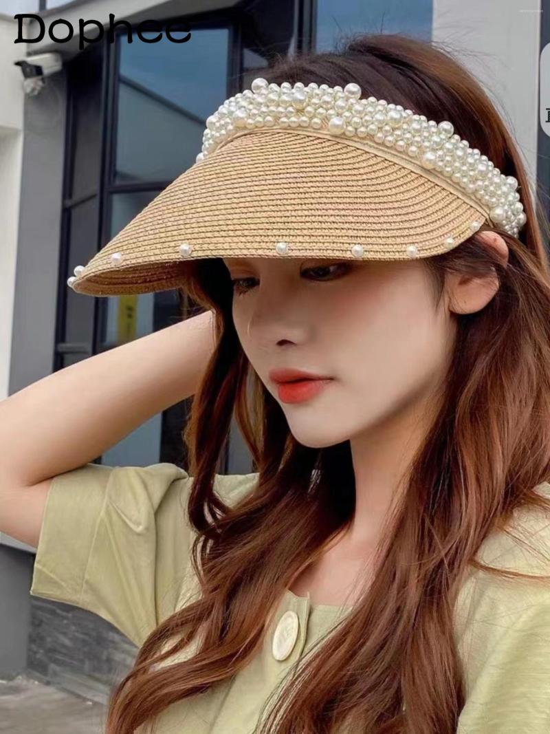 

Wide Brim Hats High Quality Pearl Sun Protection Hat Travel Pography Air Top Sunhat Beach Vacation Straw Cap 2022 Summer For Women, White