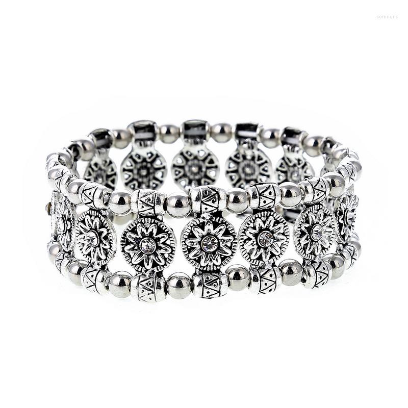 

Strand Fashion Crystal Rhinestone Flower Elastic Bracelets Bangles Femme Vintage Ethnic Gypsy Stretch Bracelet For Women Jewelry Gift