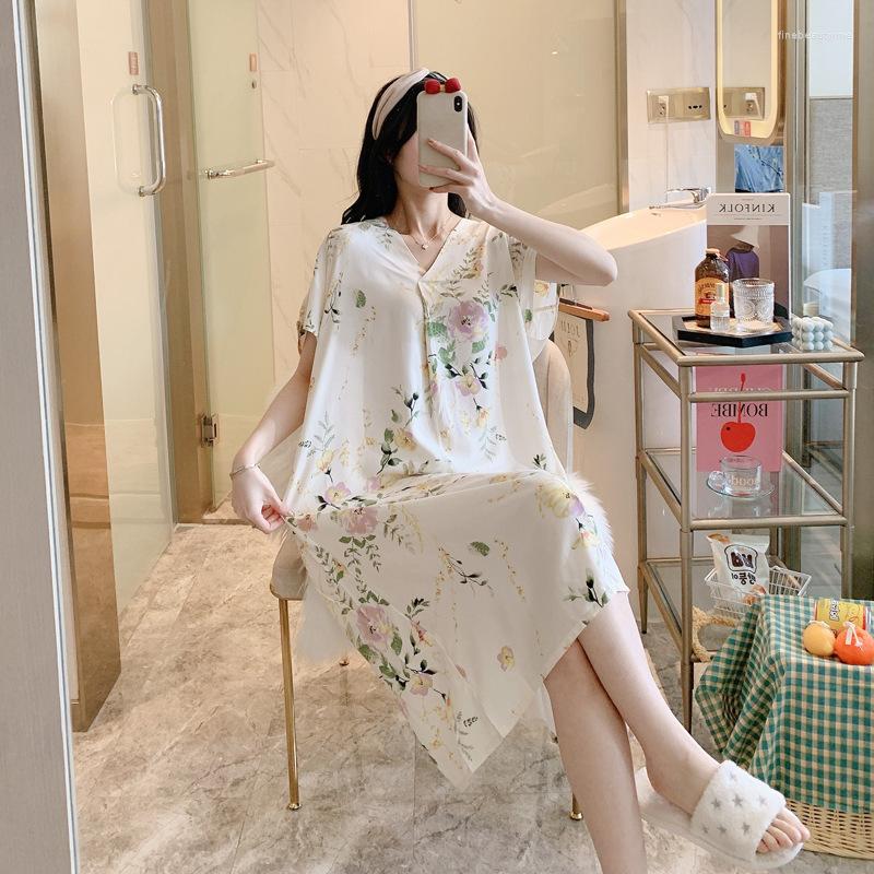 

Women's Sleepwear Sexy Female Viscose Robe Bath Gown Nightgown Summer Women Casual Home Dress Floral Loose INS Nightwear Bathrobe