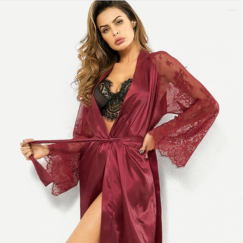 

Women' Sleepwear Women Bathrobe Lace Satin Lingerie Long Sleeve Nighwear Robes V-Neck Sexy Ladies Sleepdress